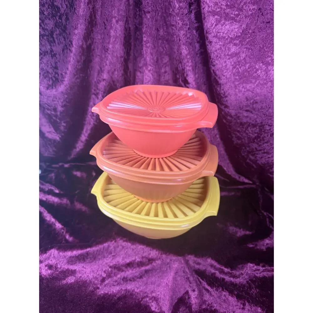 Vintage Tupperware Plastic Servalier Bowl Set – Harvest Colors Sunburst Lids